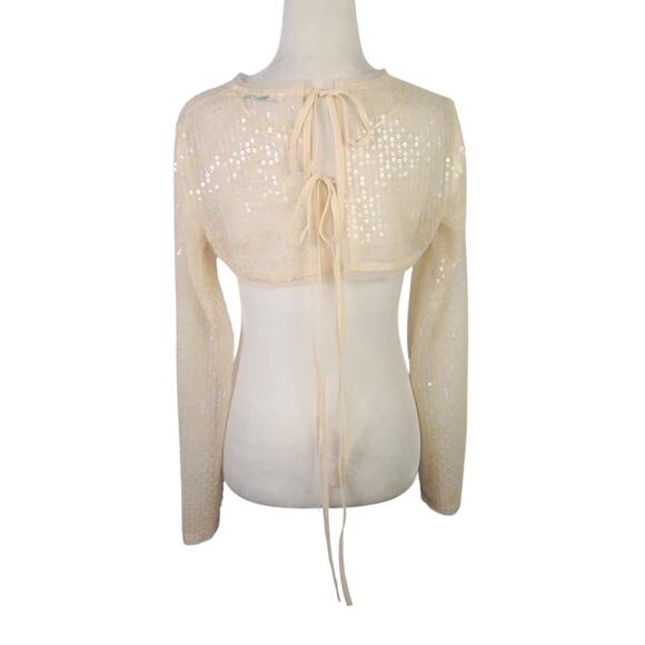 ZARA Sheer Mesh Cream Sequin Beaded Crop Top Shrug Bolero M - Picture 5 of 8